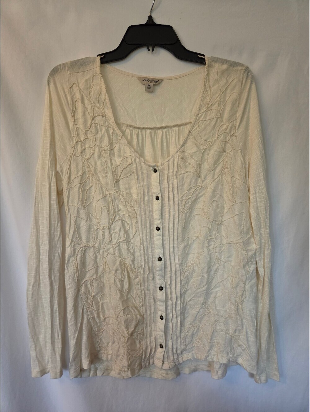 Lucky Brand Women’s M Ivory Floral Embroidered Blouse Boho Cottagecore Top